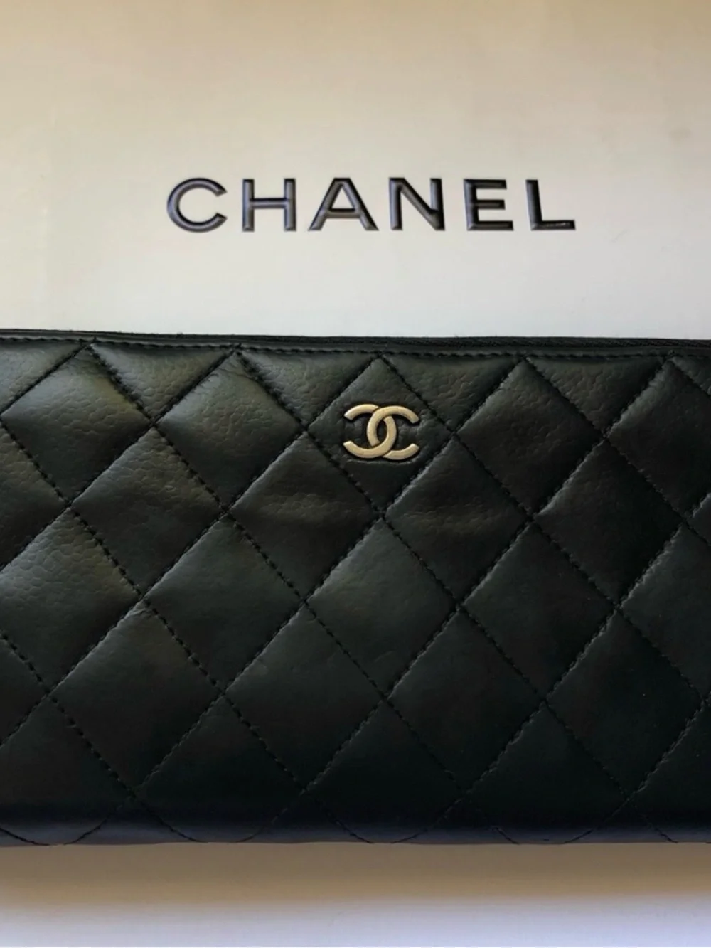 CHANEL Black Quilted Leather Wallet with Silver CC Logo
